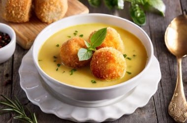 Chicken velouté soup with cheese croquette and truffle